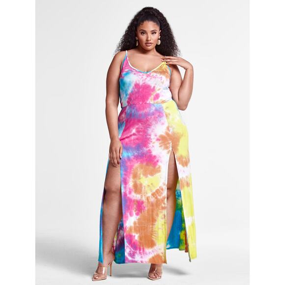 NWT Fashion to Figure Tie Dye Maxi Dress Double Split Plus Size: 1X (14/16) - Picture 1 of 4
